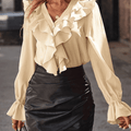 Rüschen-Button-Down-Hemd, V-Ausschnitt, Jabot-Kragen, ausgestellte Ärmel, lange Ärmel, Damen, süße, elegante Modebluse