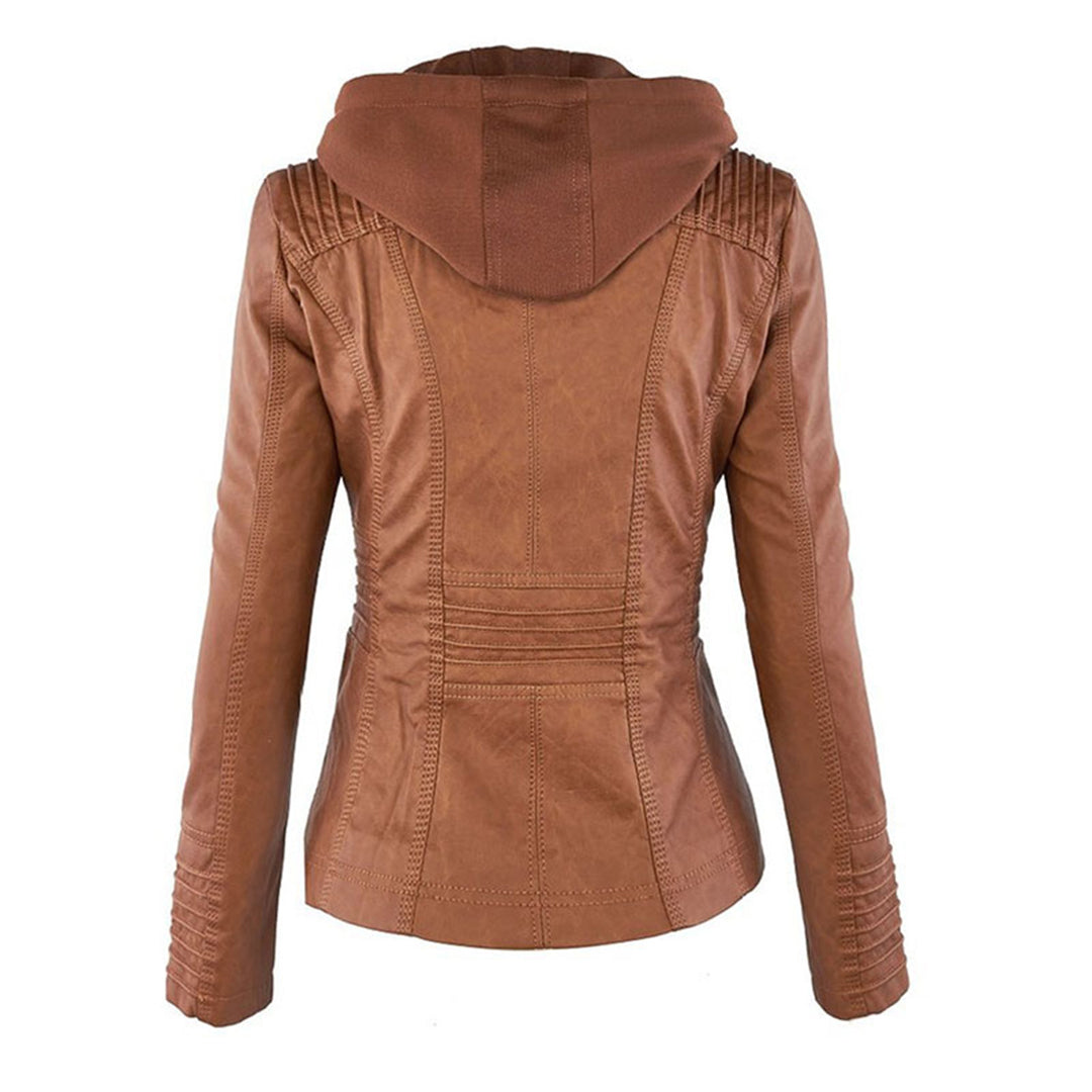 Wetterfester Damen Faux Lederjacke mit Kapuze