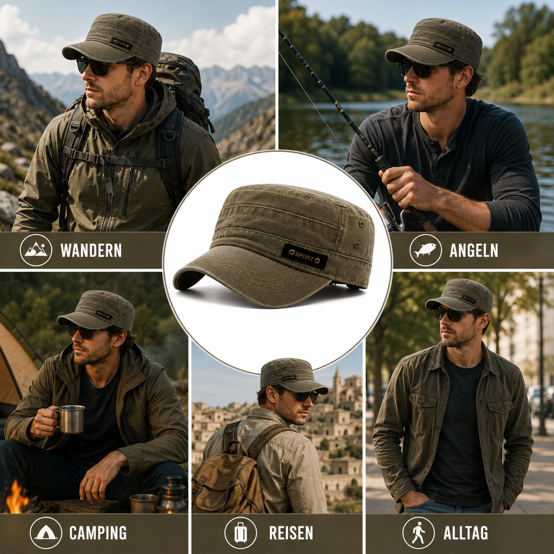 Flache Militär-Sonnenkappe mit breitem Schirm, Waschbar