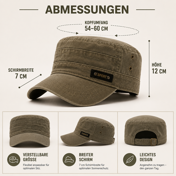 Flache Militär-Sonnenkappe mit breitem Schirm, Waschbar