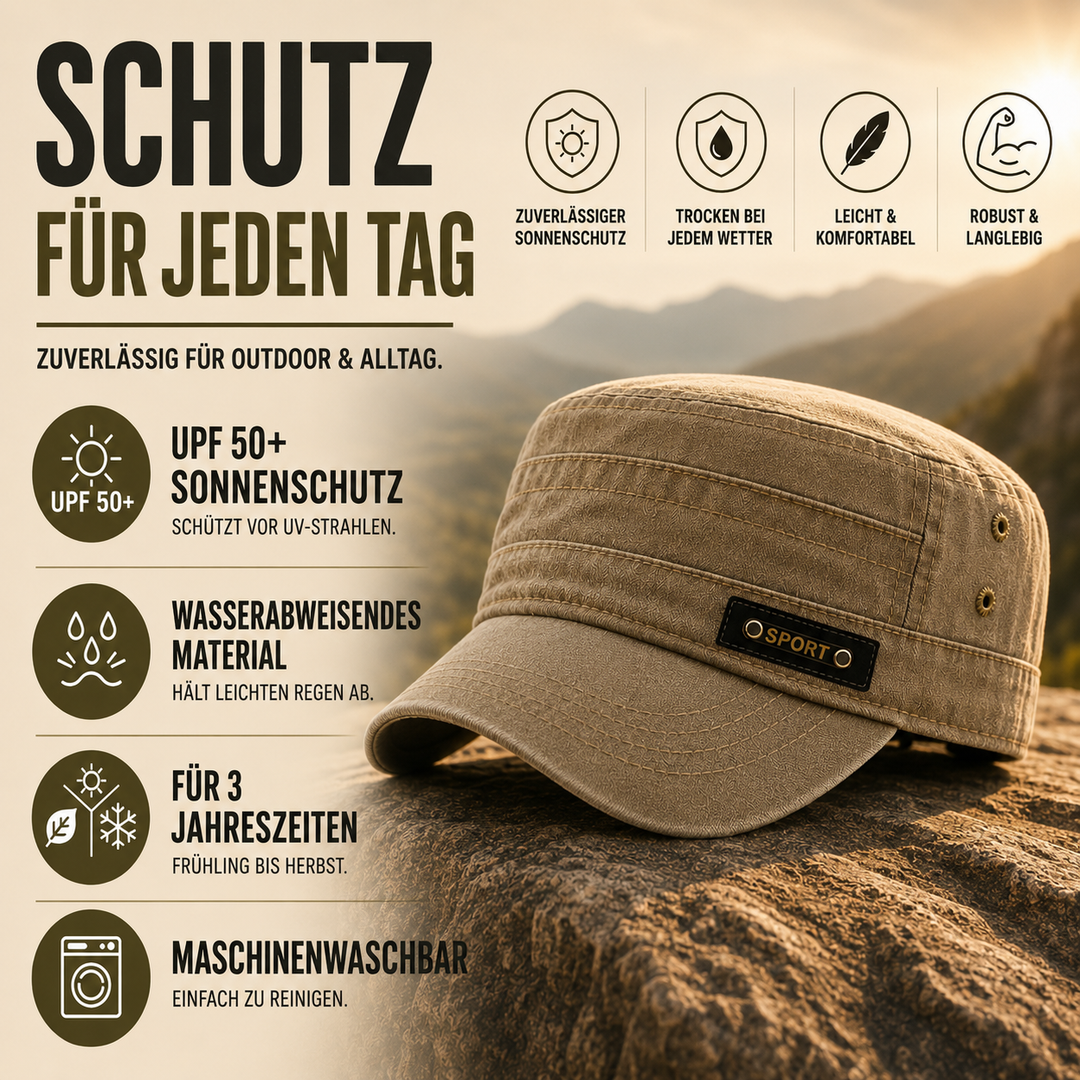 Flache Militär-Sonnenkappe mit breitem Schirm, Waschbar