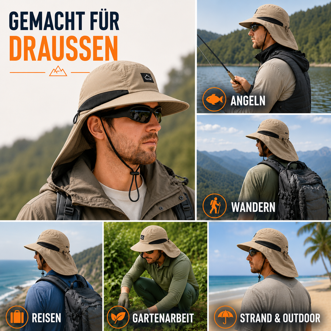 Sonnenhut mit breiter Krempe und Nackenschutz