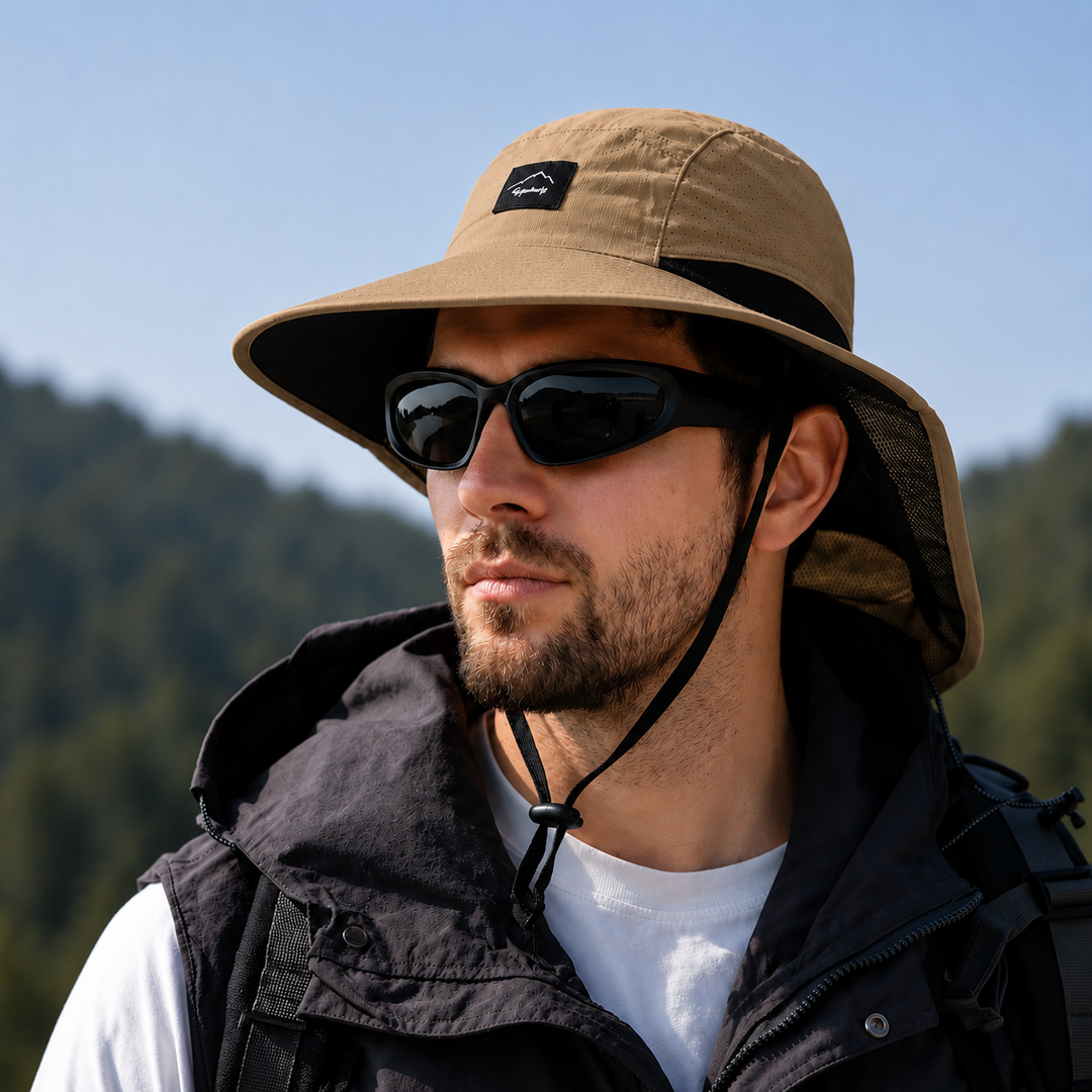 Sonnenhut mit breiter Krempe und Nackenschutz