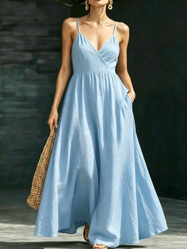 Damen Sommerkleid Midikleid Spaghettiträger V-Ausschnitt