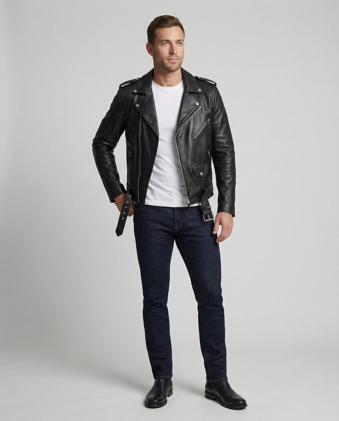 Herren Kunstleder Bikerjacke mit asymmetrischem Reißverschluss