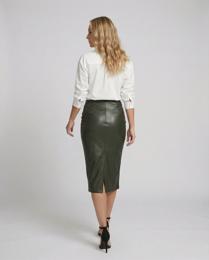 Damen Midi-Rock aus hochwertigem Leder mit Raffung