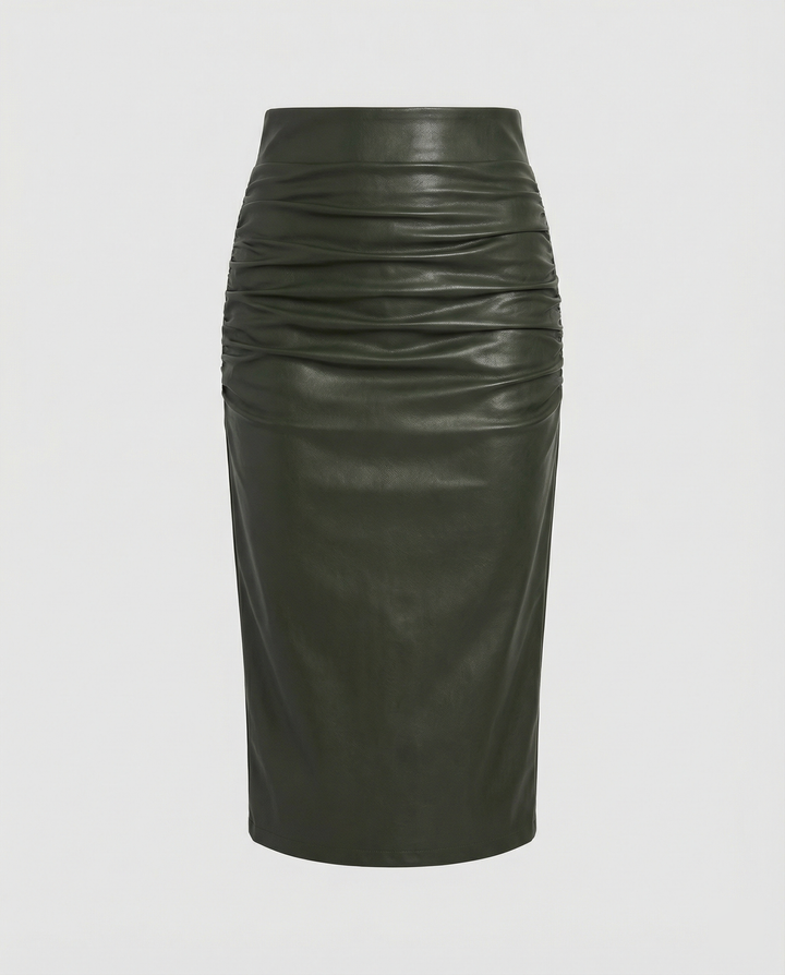 Damen Midi-Rock aus hochwertigem Leder mit Raffung