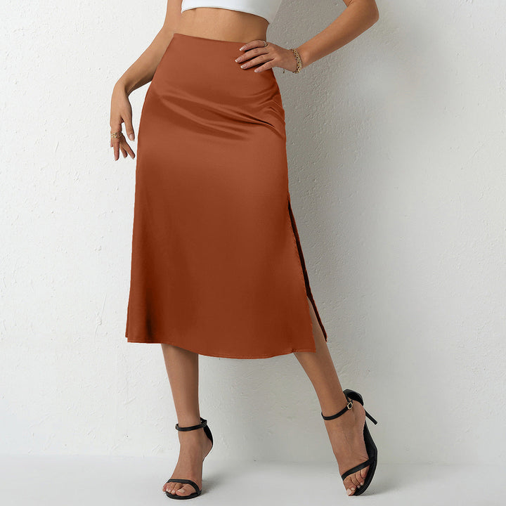 Damen eleganter Satin-Midirock mit fließendem Schnitt und hohem Bund