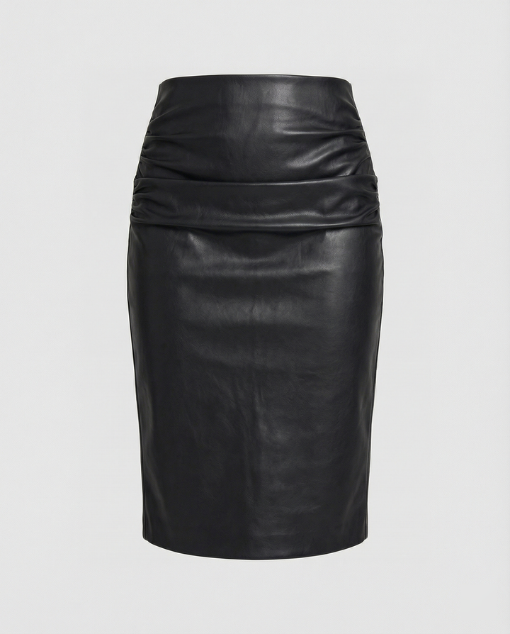 Damen Midi-Rock aus hochwertigem Leder mit Raffung