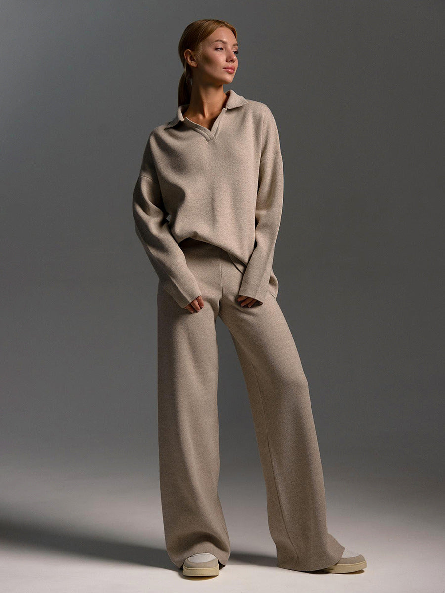 Damen Polopullover- und Weitbein-Hosen-Set