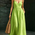 Damen Sommerkleid Midikleid Spaghettiträger V-Ausschnitt