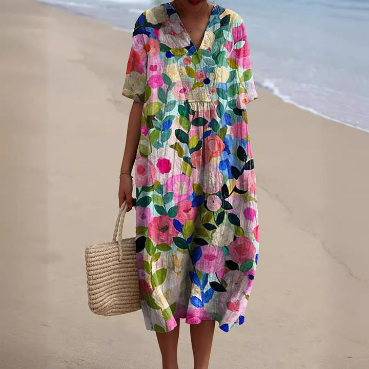 Damen Midi-Kleid | Lässig & Sommerlich — Leinen, locker fließend, V-Ausschnitt
