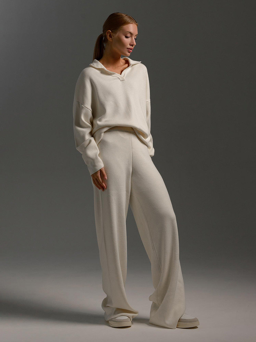 Damen Polopullover- und Weitbein-Hosen-Set