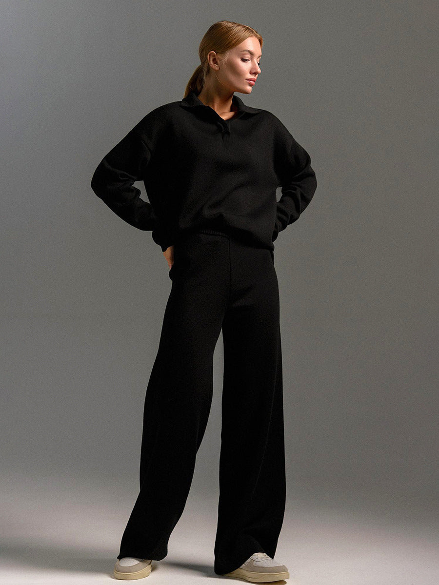 Damen Polopullover- und Weitbein-Hosen-Set