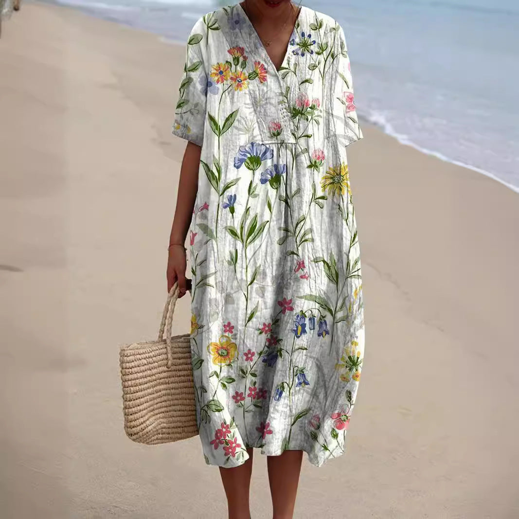 Damen Midi-Kleid | Lässig & Sommerlich — Leinen, locker fließend, V-Ausschnitt