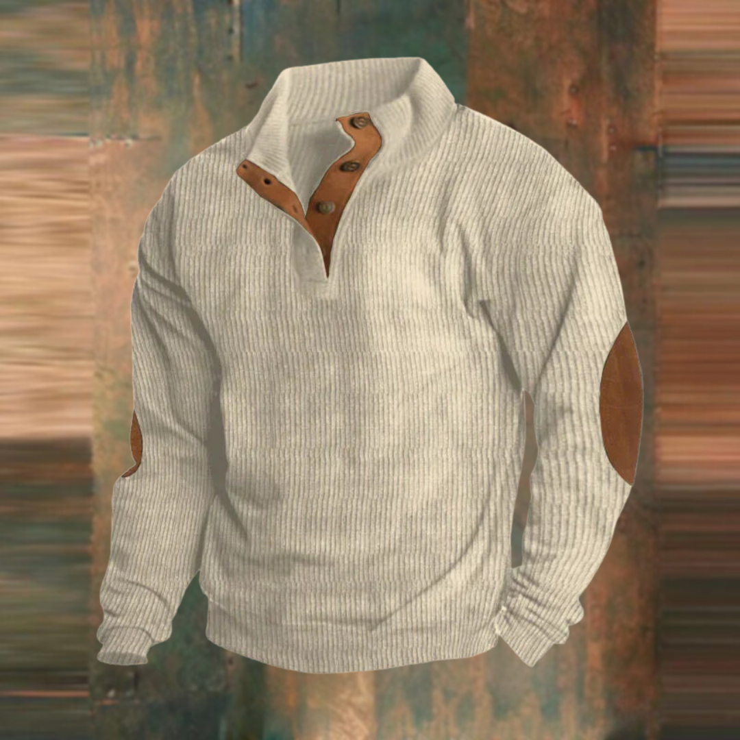 Herren Lässiger Gerippter Pullover mit Knopfleiste am Kragen