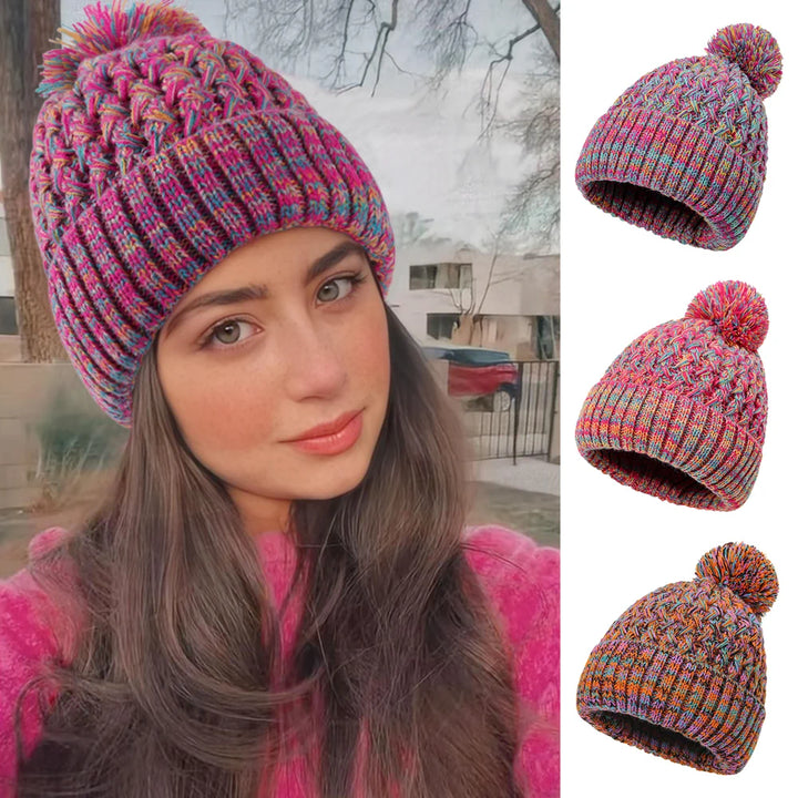 Bommelmütze Damen – Gestrickte Wintermütze mit Bommel und Ananas-Muster