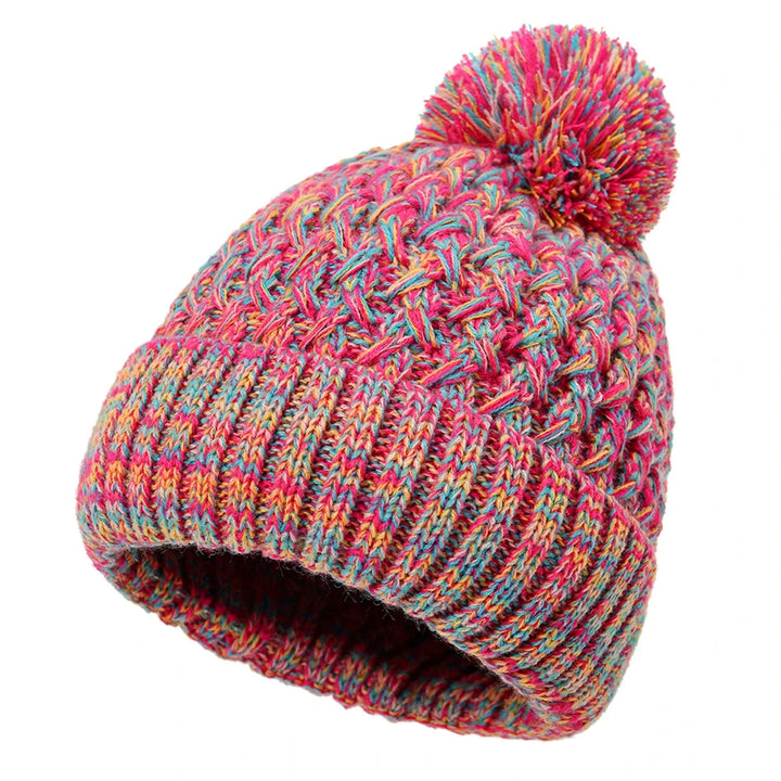 Bommelmütze Damen – Gestrickte Wintermütze mit Bommel und Ananas-Muster