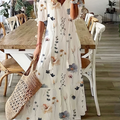 Modisches Midikleid aus Baumwollmischung mit Blumenmuster, Taschen und 3/4-Ärmeln – V-Ausschnitt Knopfleiste locker Freizeitkleid