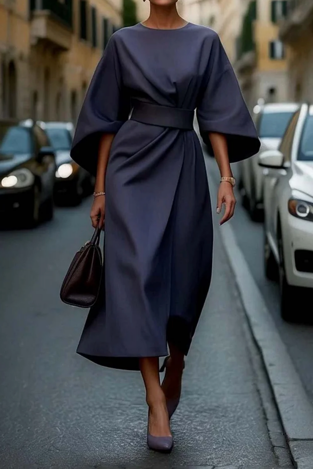 Damen Midikleid mit Taillengürtel