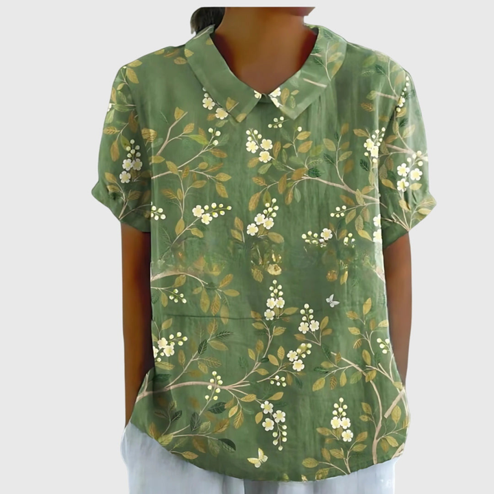 Damen Leinen Bluse mit floralem Druck und kurzen Ärmeln