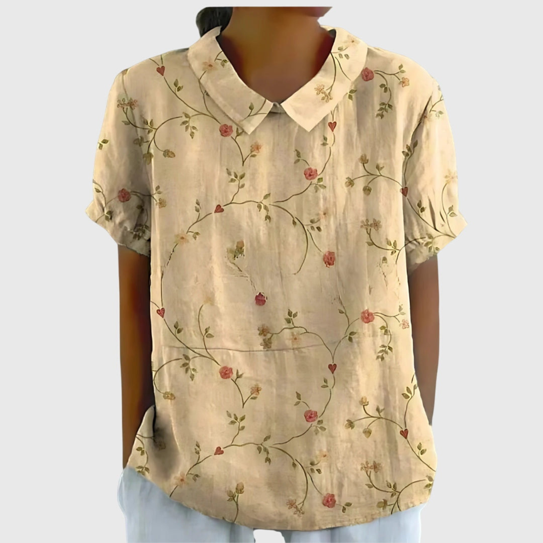Damen Leinen Bluse mit floralem Druck und kurzen Ärmeln