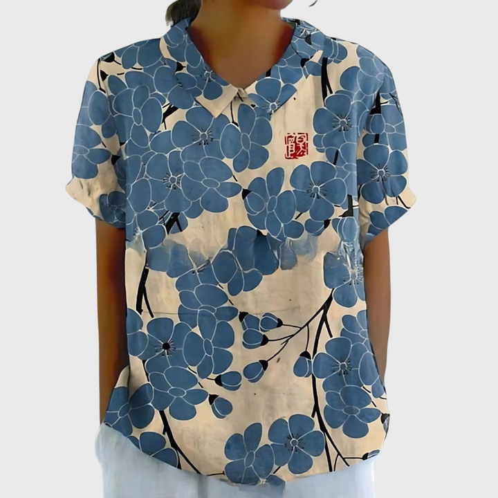 Damen Leinen Bluse mit floralem Druck und kurzen Ärmeln