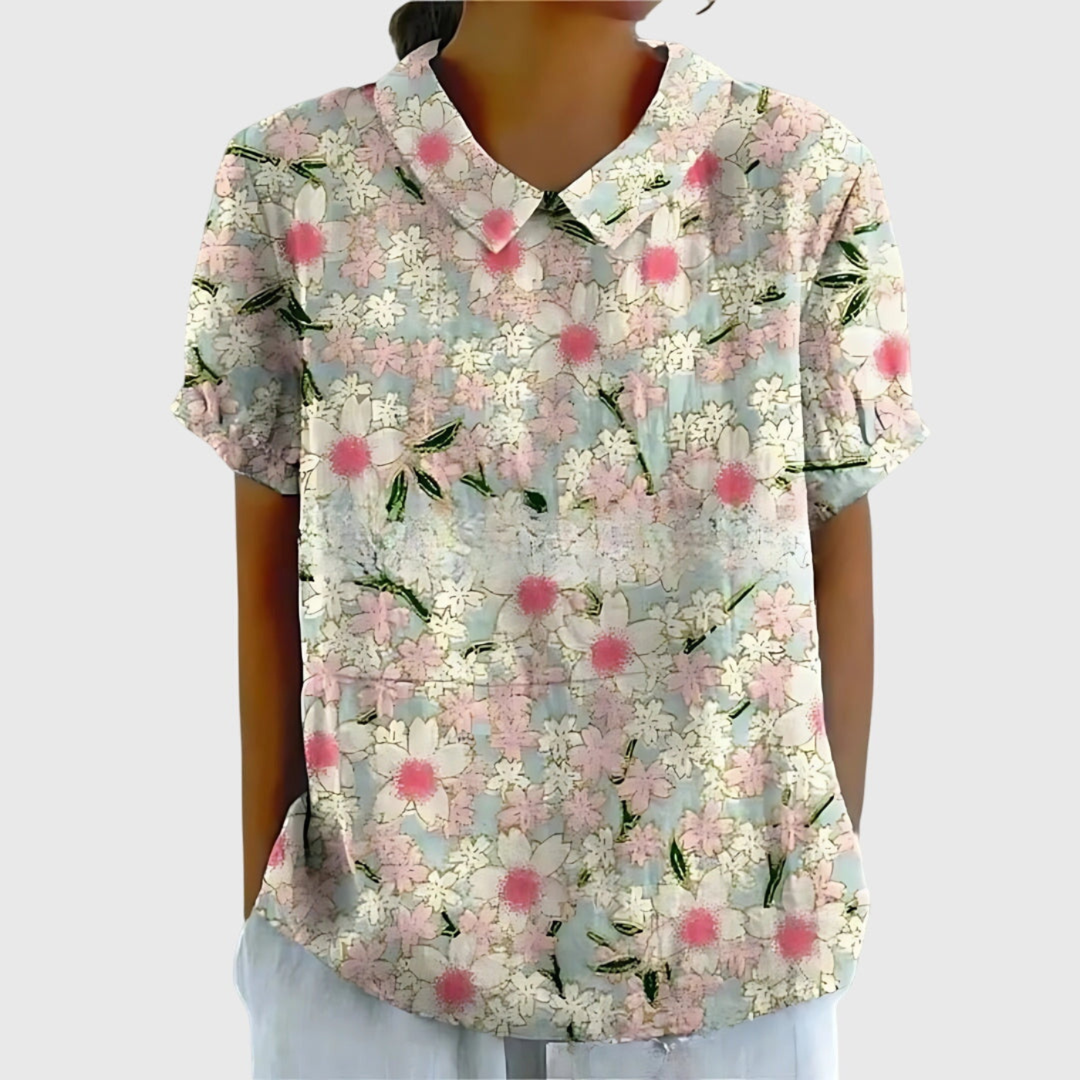 Damen Leinen Bluse mit floralem Druck und kurzen Ärmeln