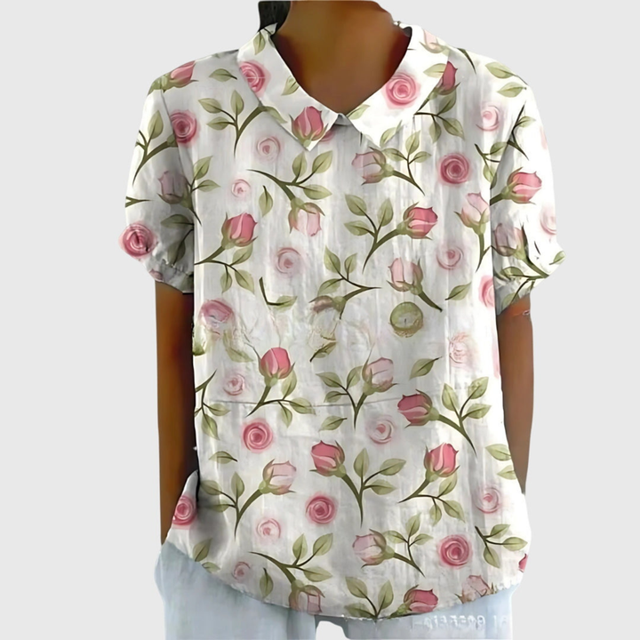 Damen Leinen Bluse mit floralem Druck und kurzen Ärmeln