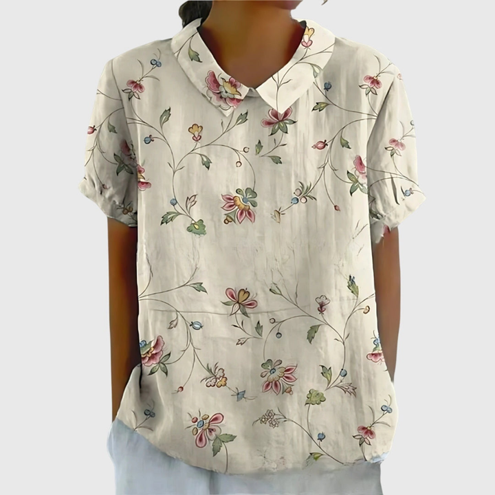 Damen Leinen Bluse mit floralem Druck und kurzen Ärmeln