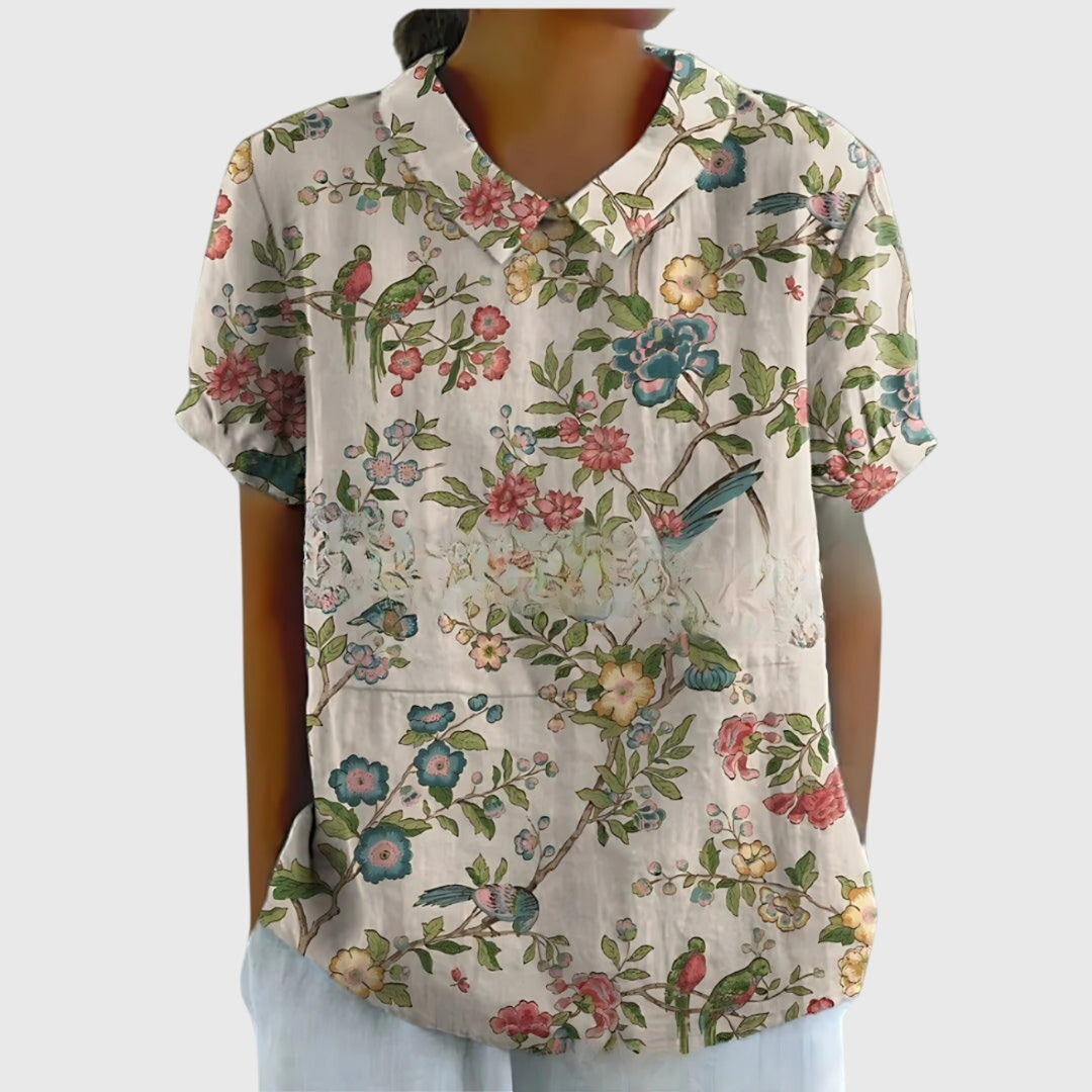 Damen Leinen Bluse mit floralem Druck und kurzen Ärmeln