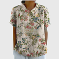 Damen Leinen Bluse mit floralem Druck und kurzen Ärmeln