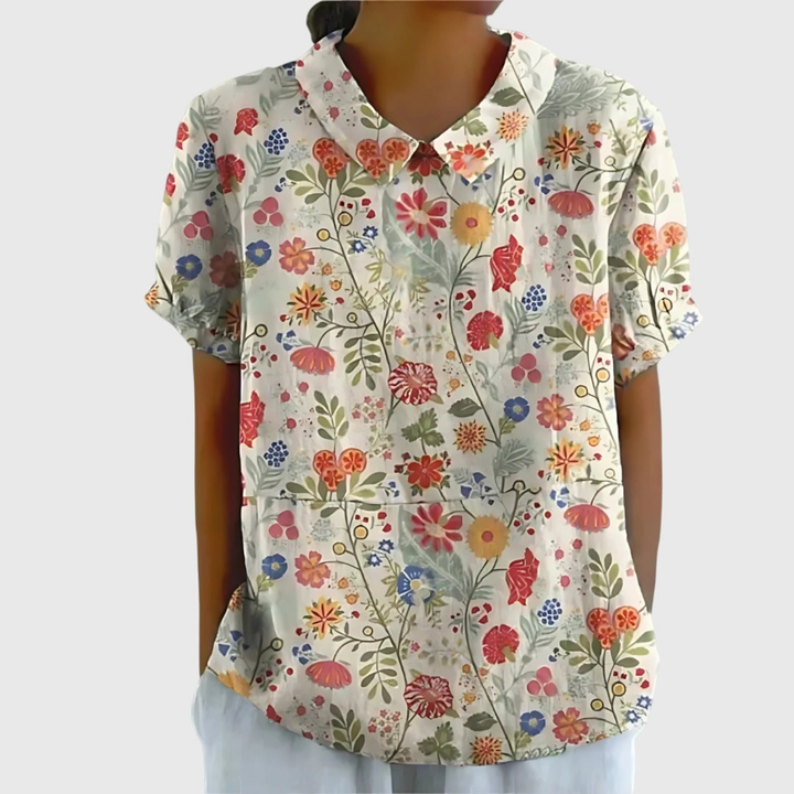 Damen Leinen Bluse mit floralem Druck und kurzen Ärmeln