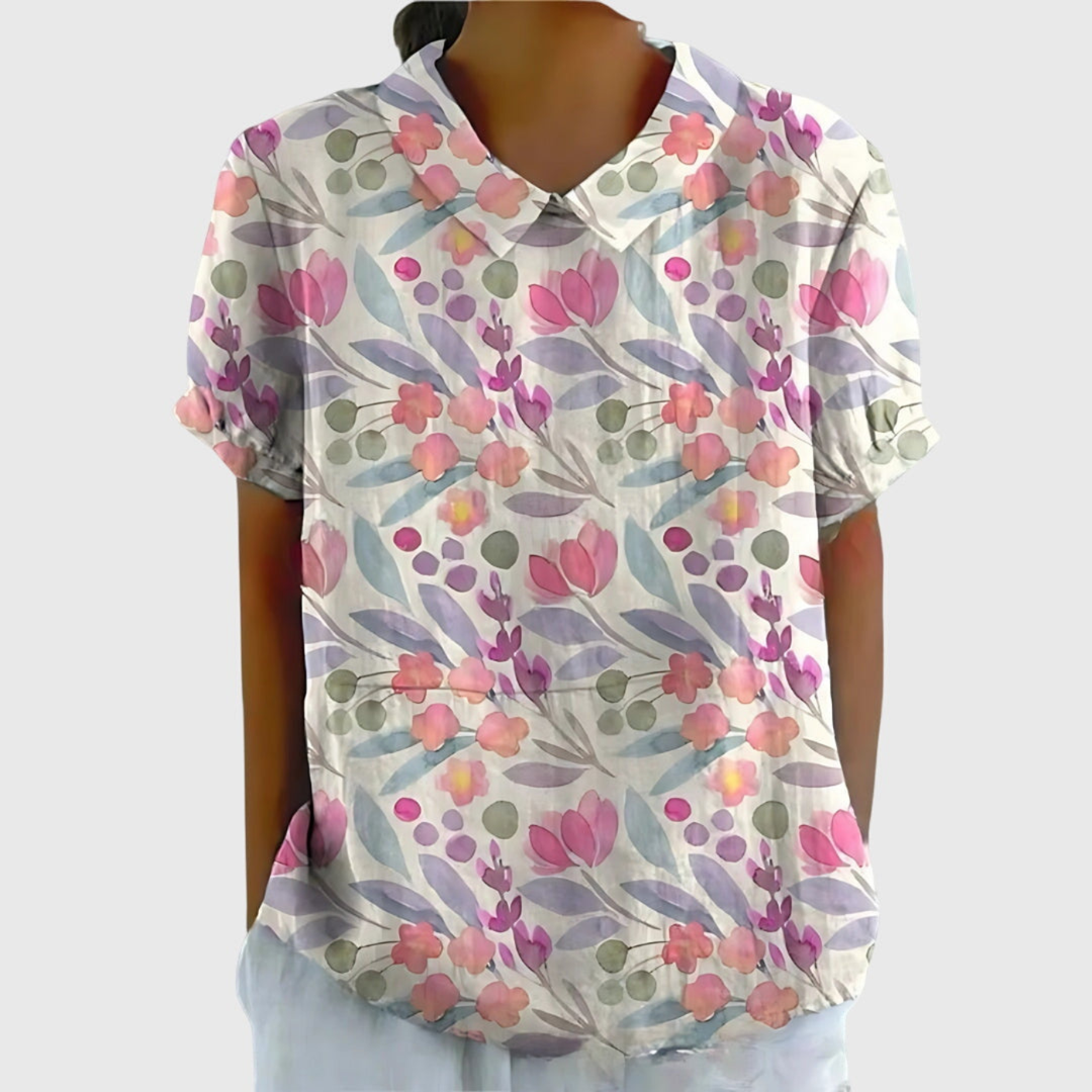 Damen Leinen Bluse mit floralem Druck und kurzen Ärmeln