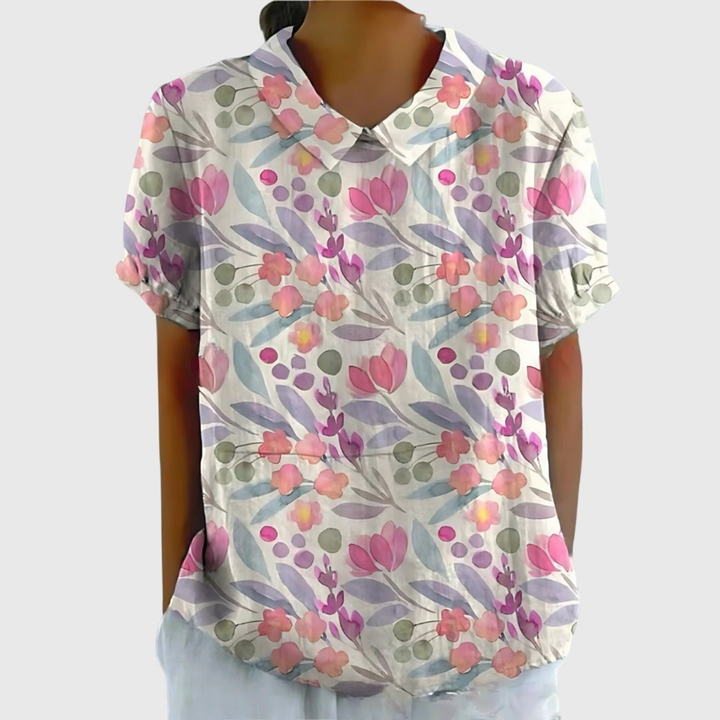 Damen Leinen Bluse mit floralem Druck und kurzen Ärmeln