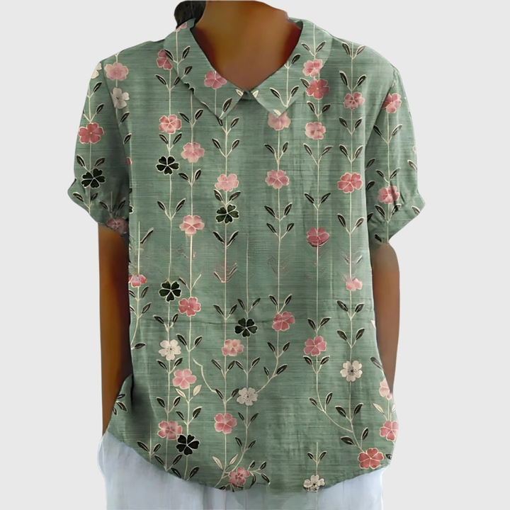Damen Leinen Bluse mit floralem Druck und kurzen Ärmeln