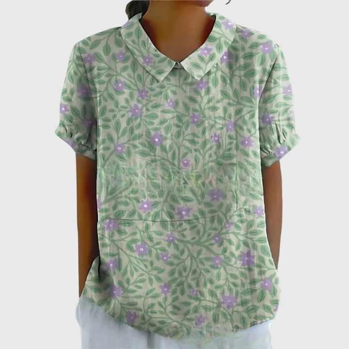 Damen Leinen Bluse mit floralem Druck und kurzen Ärmeln
