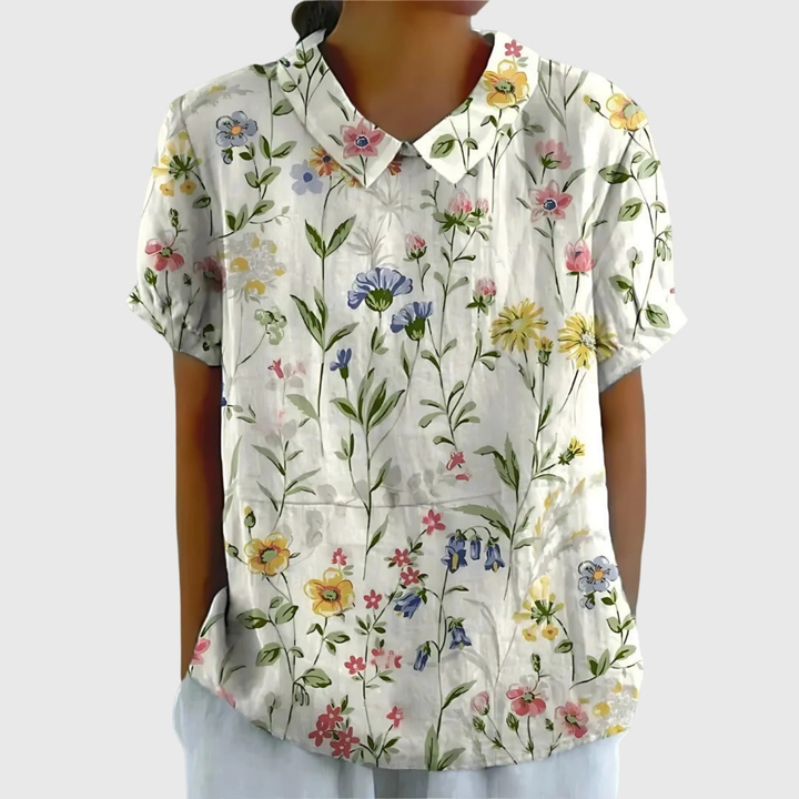 Damen Leinen Bluse mit floralem Druck und kurzen Ärmeln