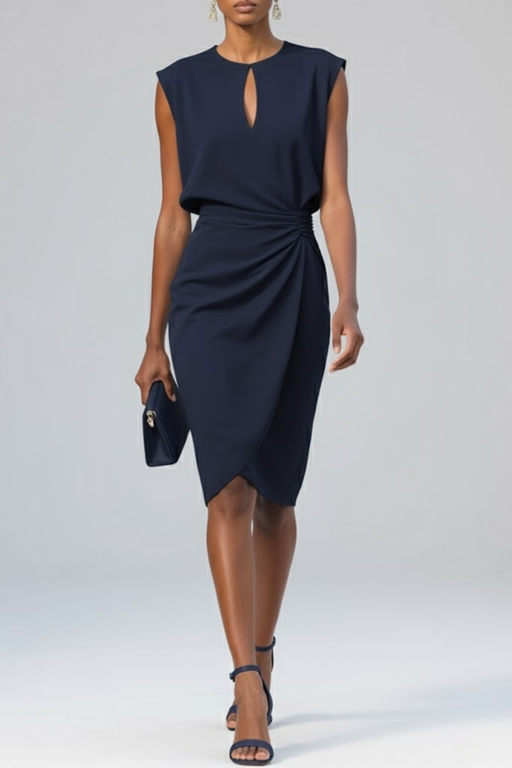 Damen Midi-Kleid mit Schlüsselloch-Ausschnitt und Raffung