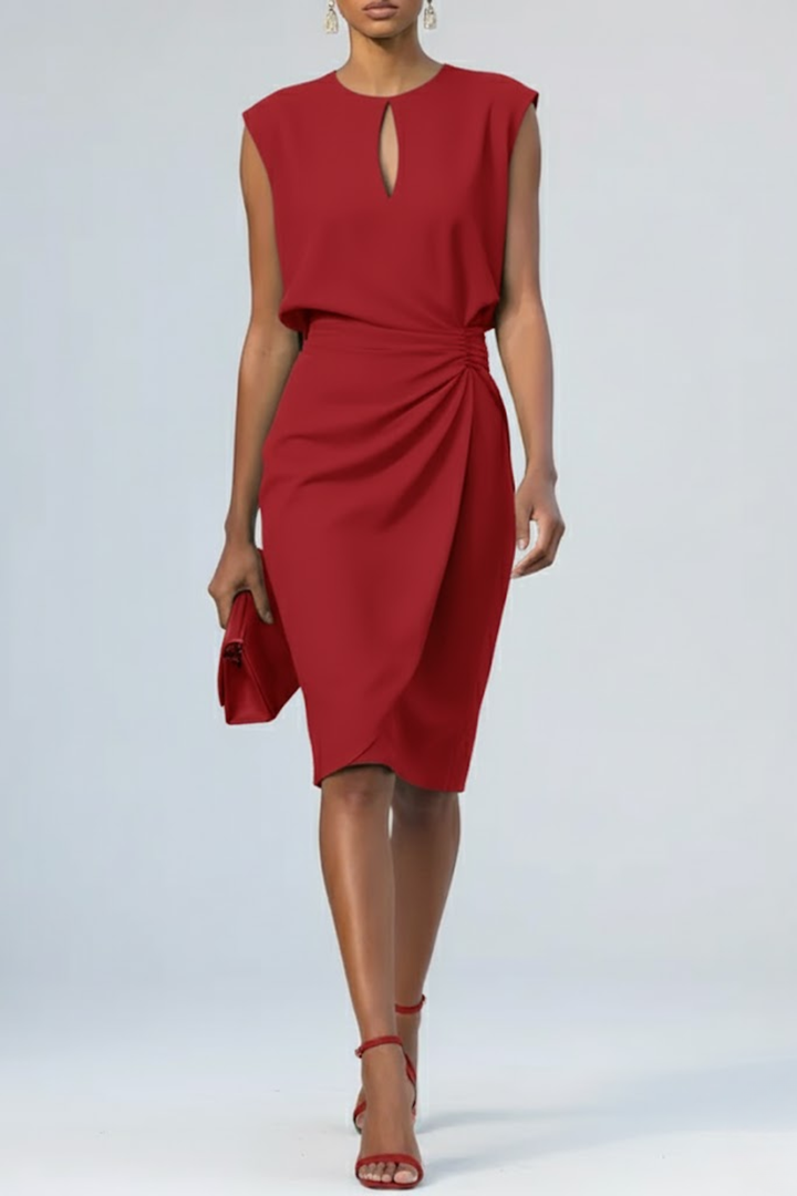 Damen Midi-Kleid mit Schlüsselloch-Ausschnitt und Raffung