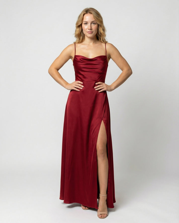 Elegantes Seiden Maxikleid Damen – Abendkleid bodenlang Spaghettiträger Schlitz festlich