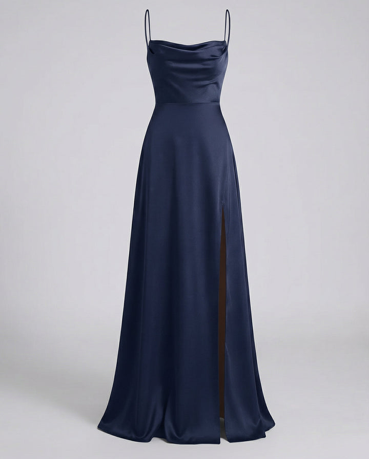 Elegantes Seiden Maxikleid Damen – Abendkleid bodenlang Spaghettiträger Schlitz festlich