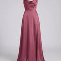 Elegantes Seiden Maxikleid Damen – Abendkleid bodenlang Spaghettiträger Schlitz festlich