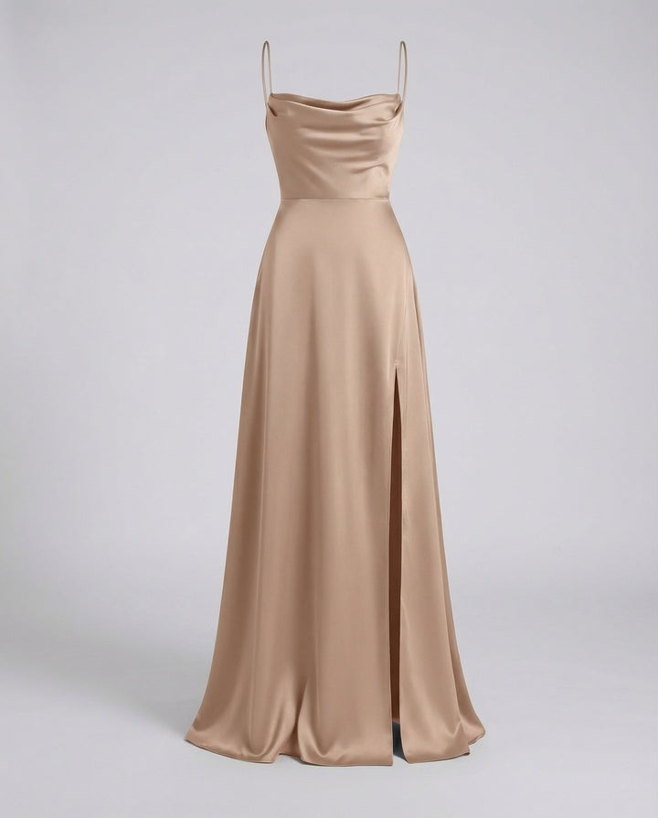 Elegantes Seiden Maxikleid Damen – Abendkleid bodenlang Spaghettiträger Schlitz festlich
