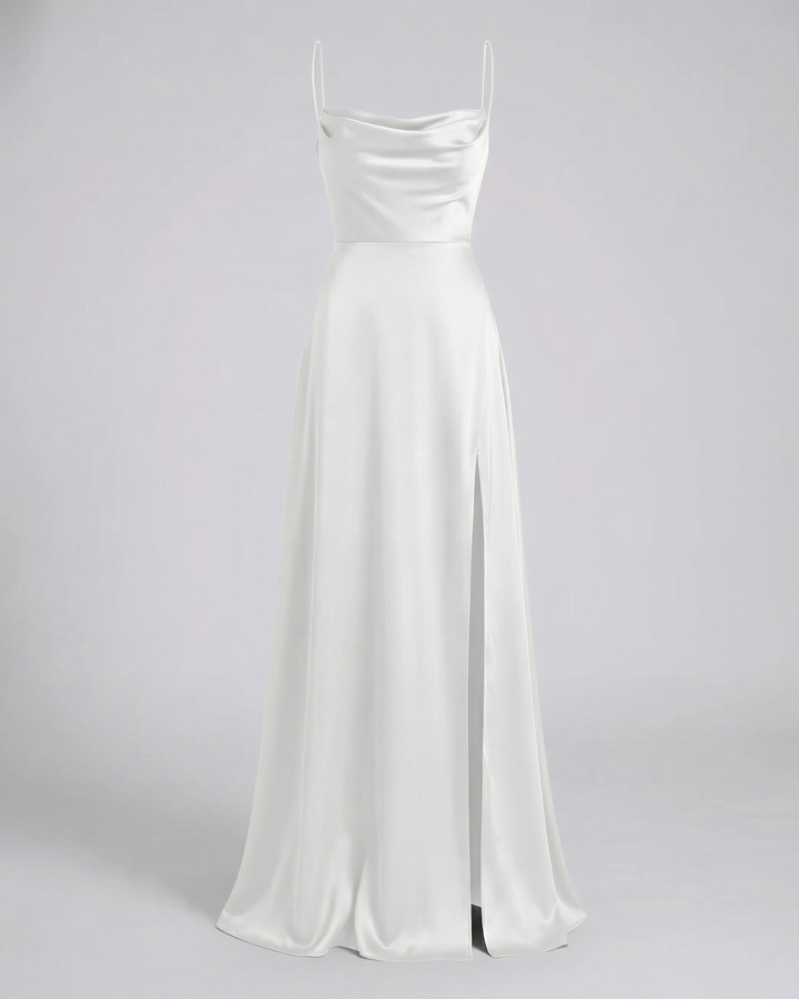 Elegantes Seiden Maxikleid Damen – Abendkleid bodenlang Spaghettiträger Schlitz festlich
