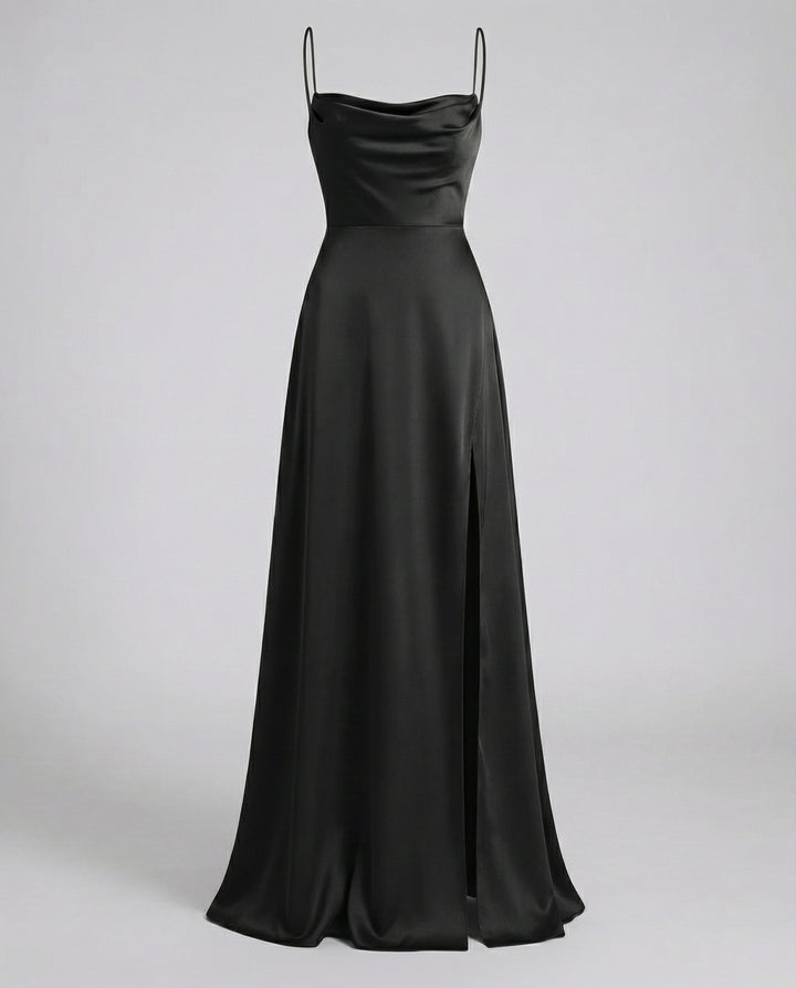 Elegantes Seiden Maxikleid Damen – Abendkleid bodenlang Spaghettiträger Schlitz festlich