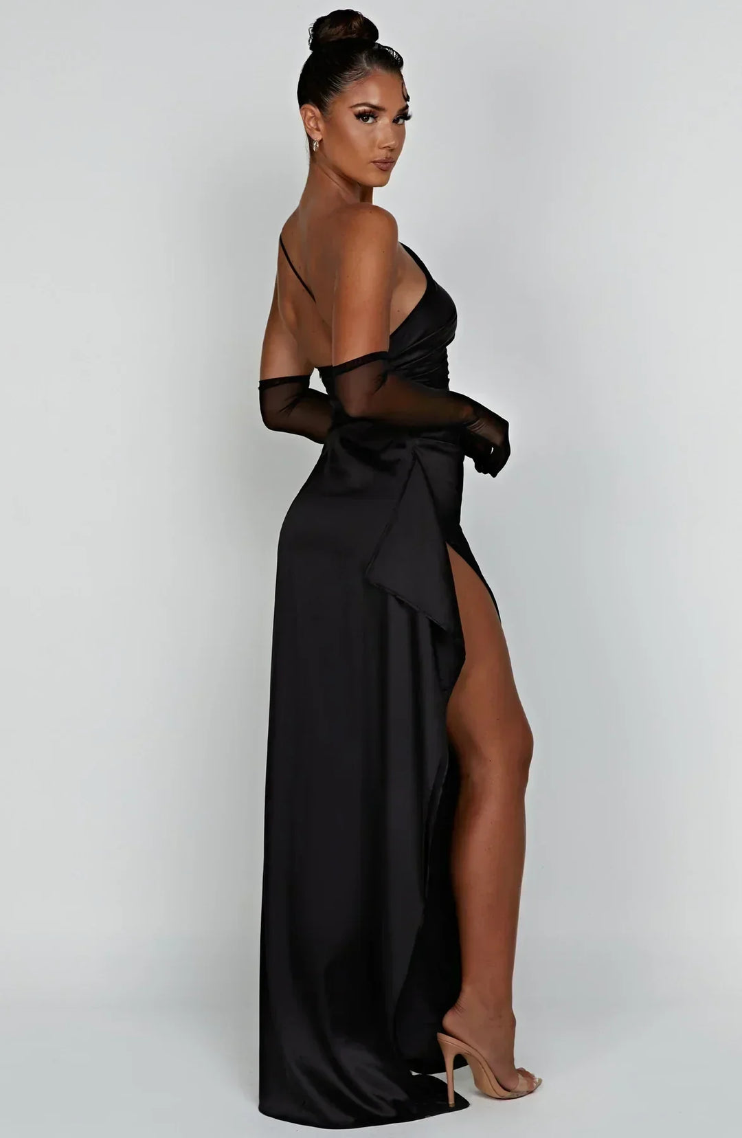 Damen Satin Maxikleid | Festlich & Elegant — Ein-Schulter, Beinschlitz, fließend