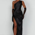 Damen Satin Maxikleid | Festlich & Elegant — Ein-Schulter, Beinschlitz, fließend