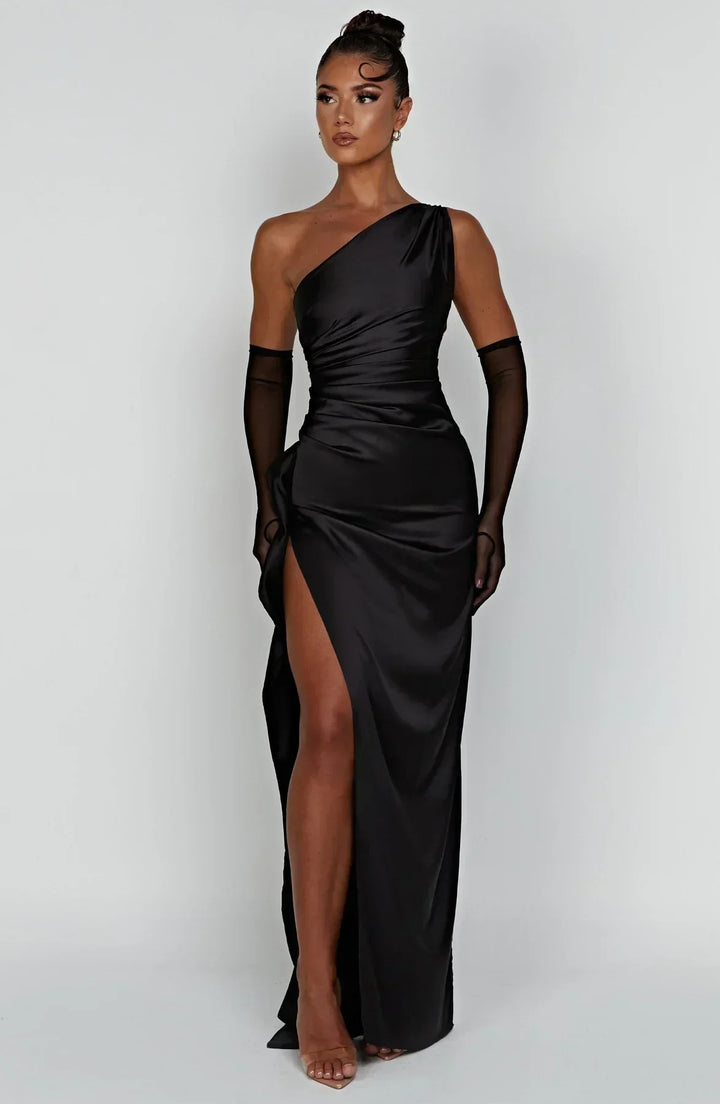 Damen Satin Maxikleid | Festlich & Elegant — Ein-Schulter, Beinschlitz, fließend