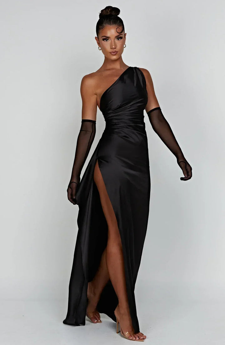 Damen Satin Maxikleid | Festlich & Elegant — Ein-Schulter, Beinschlitz, fließend